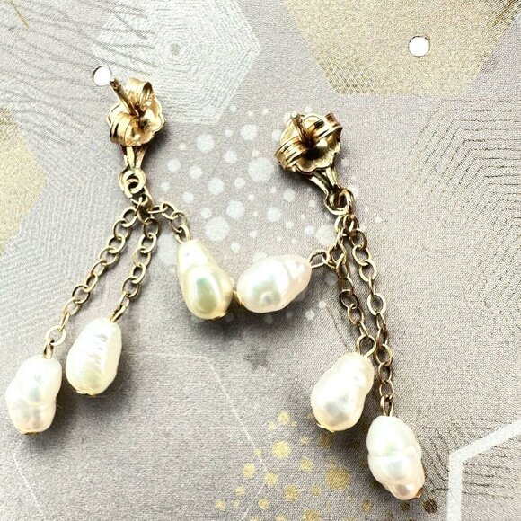 Womens Earrings 14K Yellow Gold Pearl Drop 1 1/4 Inch Chandelier Pierced Gift fo - Picture 3 of 4